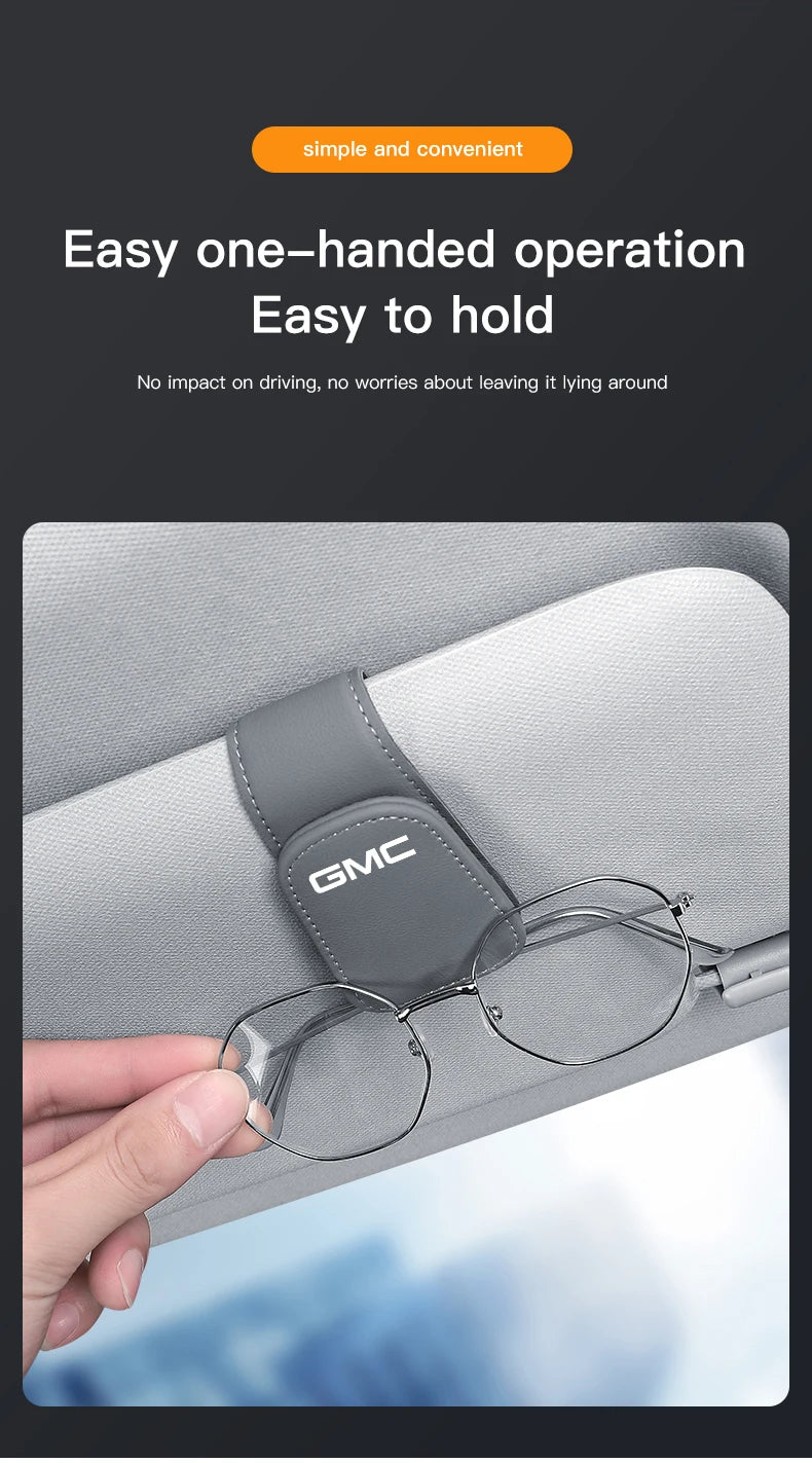 GMC car sunglass holder accessory by Gm Service Guy, fits Terrain, Sierra, Yukon, Acadia, Savana, Hummer, and Jimmy vehicles.
