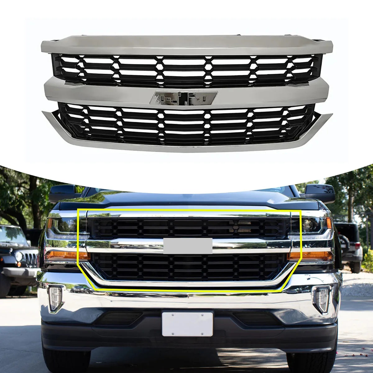Chevrolet Silverado 2016-2019 black honeycomb grille with electroplated finish, OE style, car accessory by Gm Service Guy