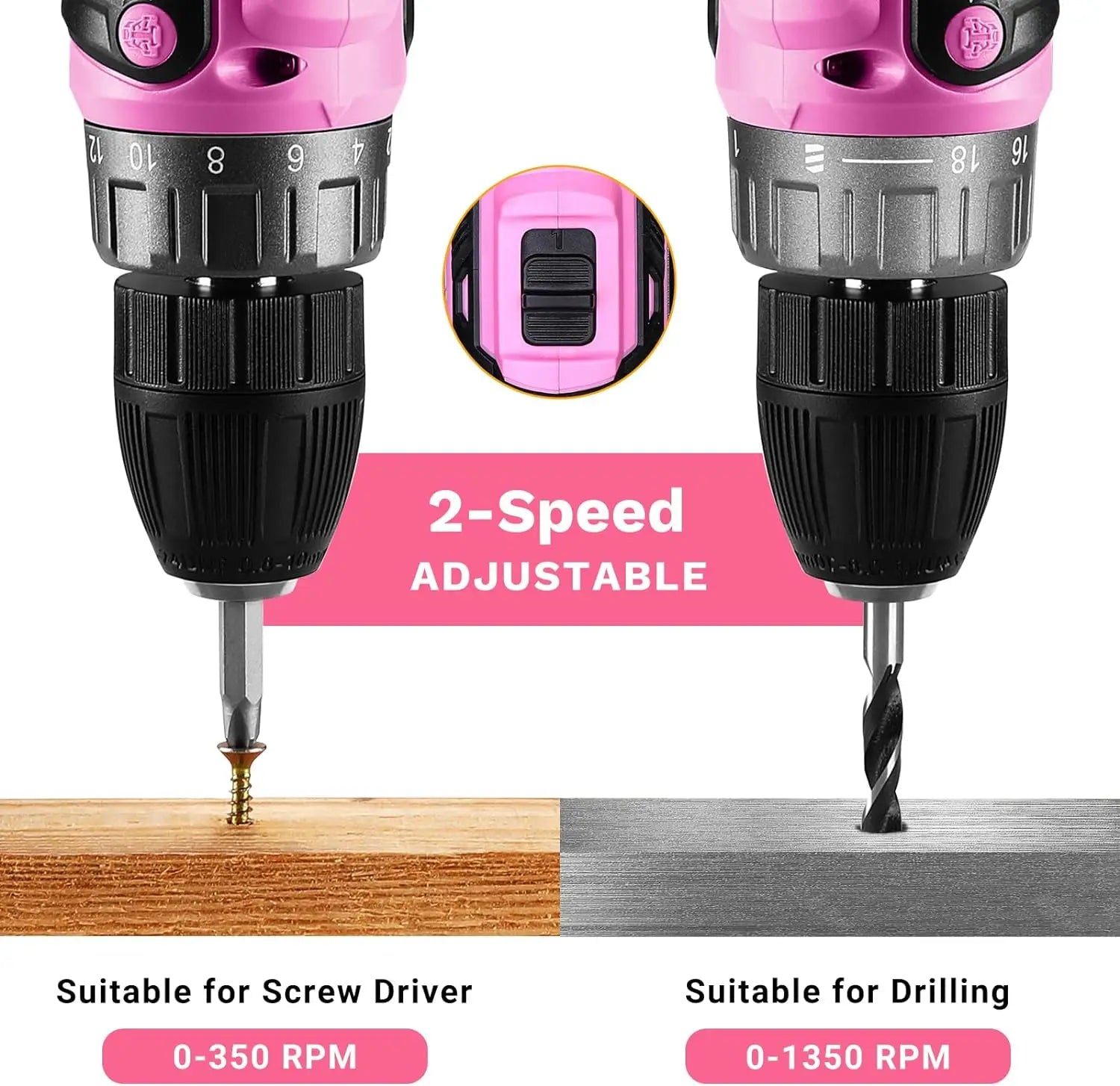 Pink Cordless Drill 20V 1.5Ah Electric Drill Set - Compact Lightweight Power Drill with Battery, Charger & Bits for Women FanzyMarket