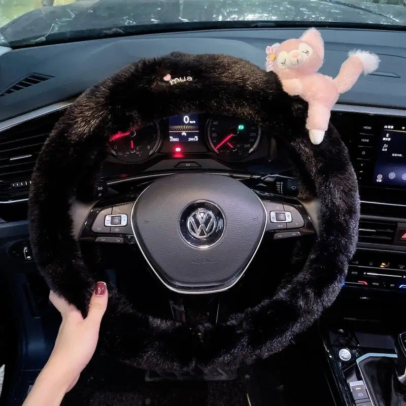 Cute Cartoon Fur Steering Wheel Cover Winter Warm Car Handle Cover for Women FanzyMarket
