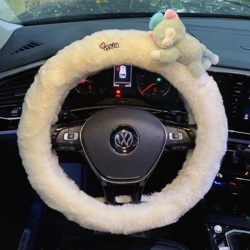 Cute Cartoon Fur Steering Wheel Cover Winter Warm Car Handle Cover for Women FanzyMarket