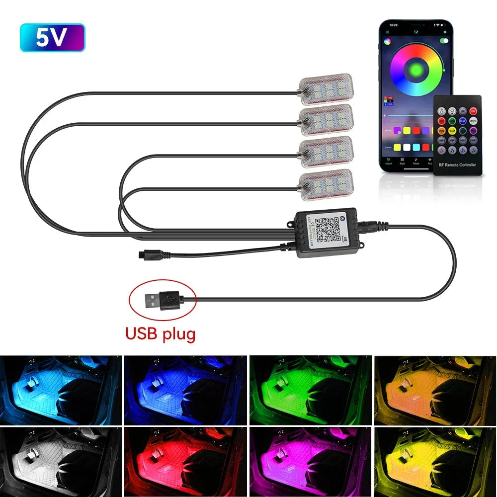 LED Car Interior Ambient Lights Kit - RGB Foot Strip Lighting with Remote & App Music Control Econic Blanks