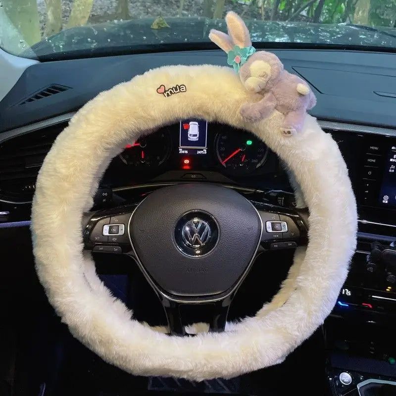 Cute Cartoon Fur Steering Wheel Cover Winter Warm Car Handle Cover for Women FanzyMarket