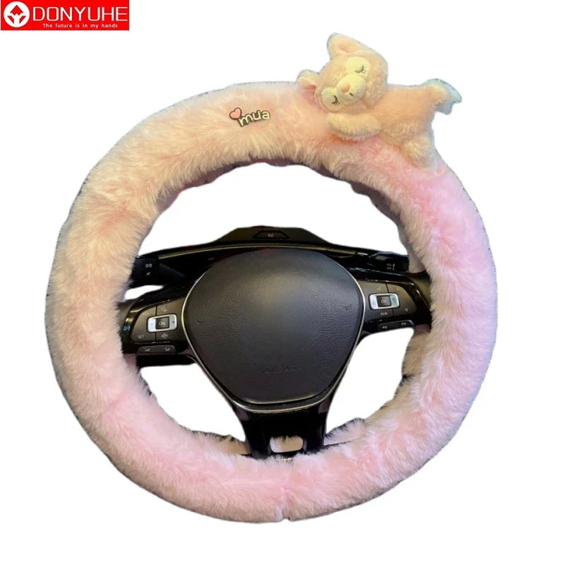 Cute Cartoon Fur Steering Wheel Cover Winter Warm Car Handle Cover for Women FanzyMarket
