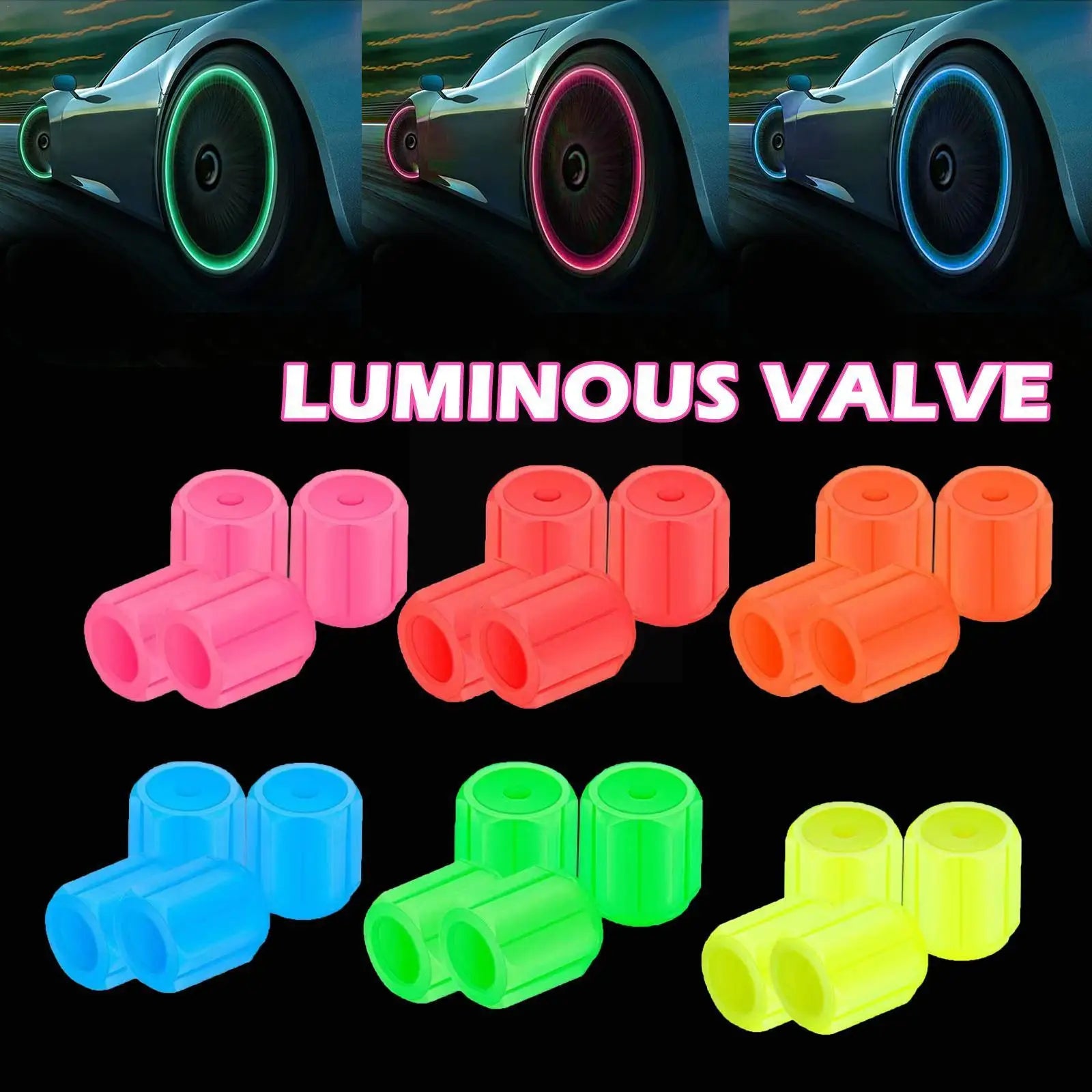 4-Pack Luminous Tire Valve Stem Caps 16×12×12mm (0.63×0.47×0.47 in) Glow-in-the-Dark Rhinestone Wheel Caps for Car Motorcycle Bike FanzyMarket