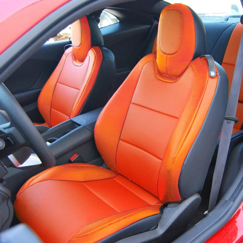 Set of custom-fit Chevrolet Camaro seat covers in premium artificial leather, designed for 2016-2024 models by Gm Service Guy