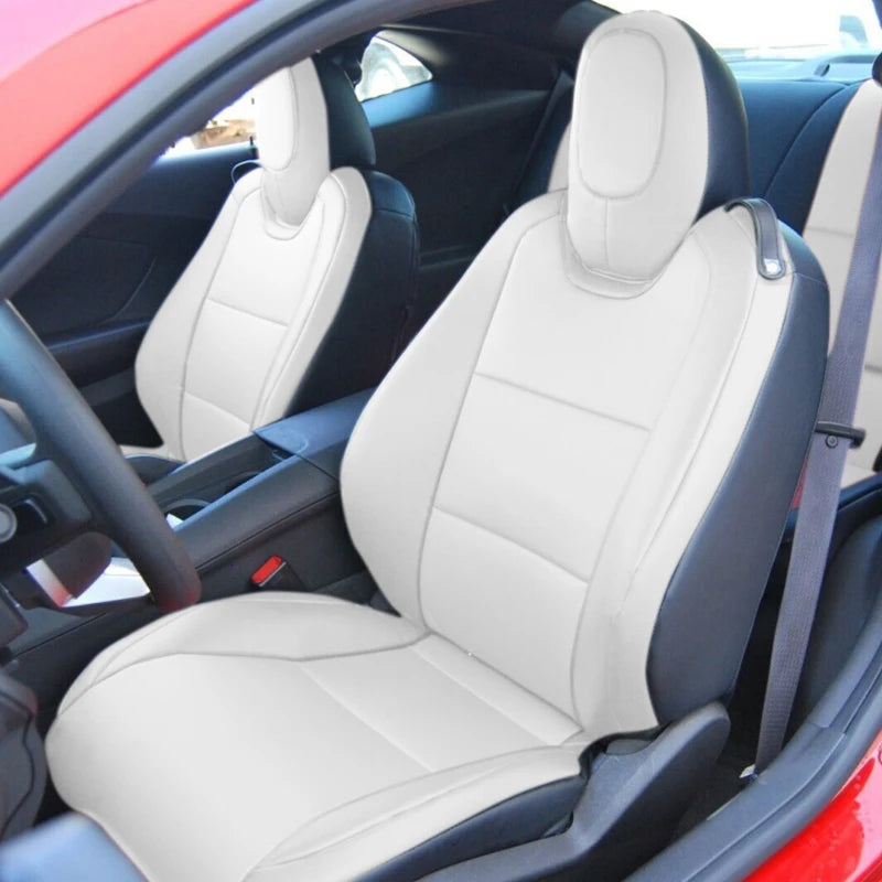 Full set of custom-fit Chevrolet Camaro seat covers in premium artificial leather, designed for 2016-2024 models.