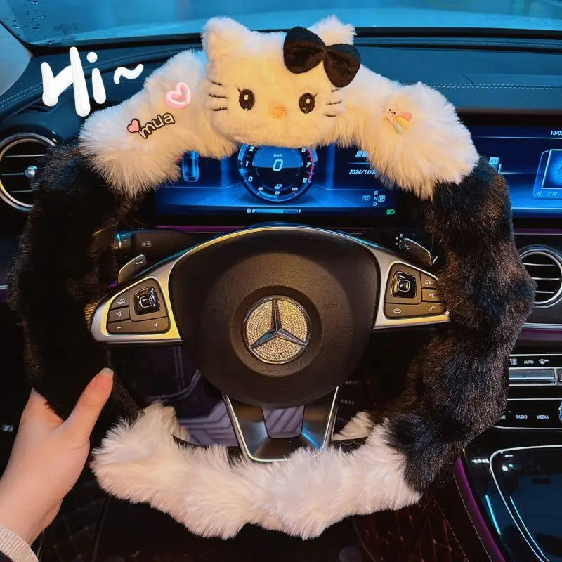 Kawaii Cat Plush Steering Wheel Cover – Winter Warm Soft Car Wheel Cover, Cute Interior Accessory FanzyMarket