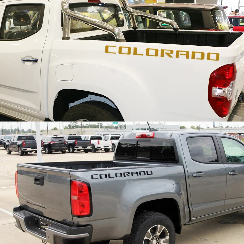 Chevrolet Colorado rear trunk side decal, 2-piece pickup truck vinyl graphic, black and silver design for vehicle customization