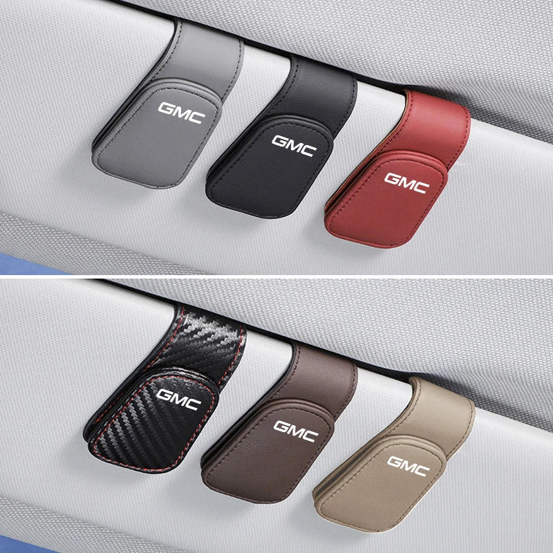 GMC car sunglasses holder accessory for Terrain, Sierra, Yukon, Acadia, and more, by Gm Service Guy, mounted inside vehicle.