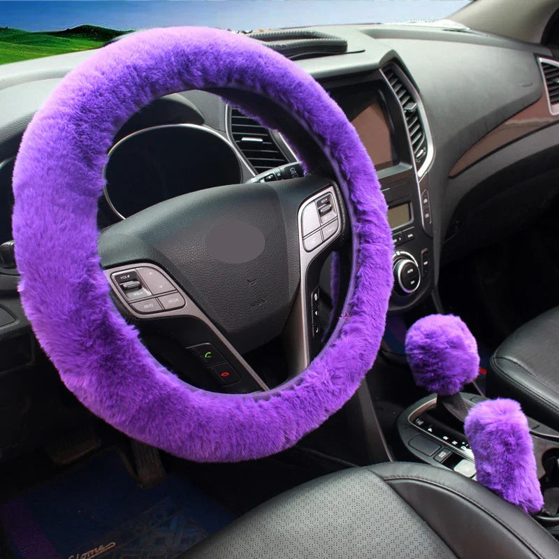 3-Piece Winter Rabbit Plush Car Steering Wheel Cover Set — Handbrake & Gear Lever Sleeves, Soft Fur Auto Interior Accessories FanzyMarket