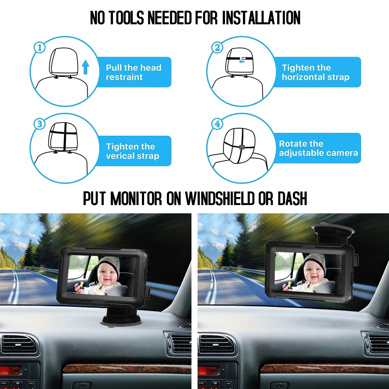 Rear View Monitor 4.3'' IPS Screen Baby Car Mirror Adjustable Wide View Angle for Infants Kids Pets Night Vision Function Gm Service Guy