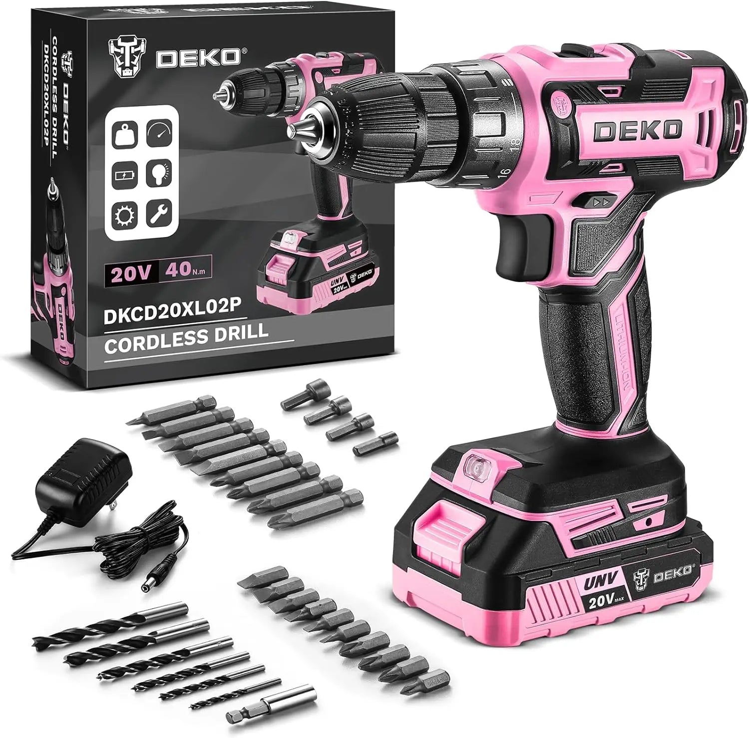 Pink Cordless Drill 20V 1.5Ah Electric Drill Set - Compact Lightweight Power Drill with Battery, Charger & Bits for Women FanzyMarket