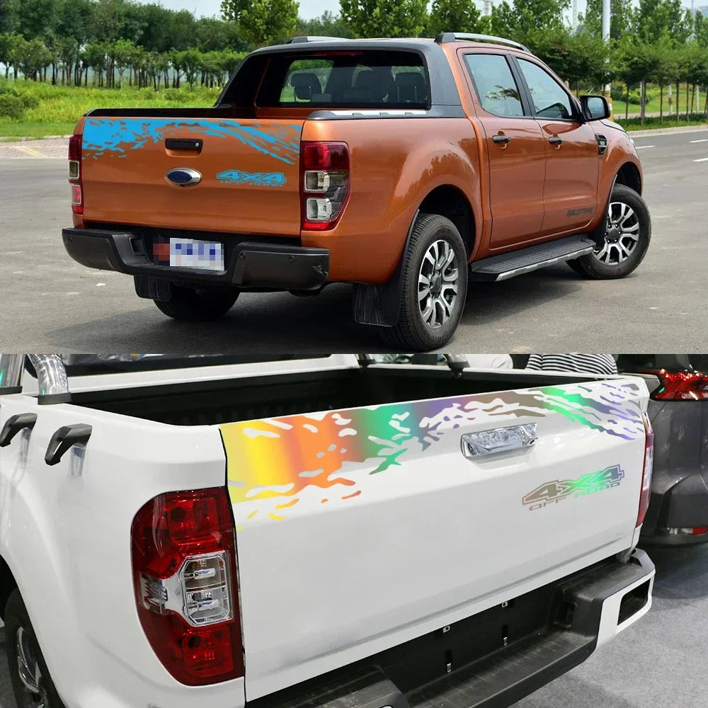 Universal 4x4 off-road tailgate decal on a vehicle, designed for Ford Ranger, Isuzu D-Max, Chevrolet, VW Amarok, Toyota Hilux, and more