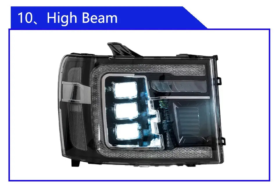 GMC Sierra 2007-2013 LED headlight assembly with dynamic triple lens, high-quality upgrade by Gm Service Guy, front view.