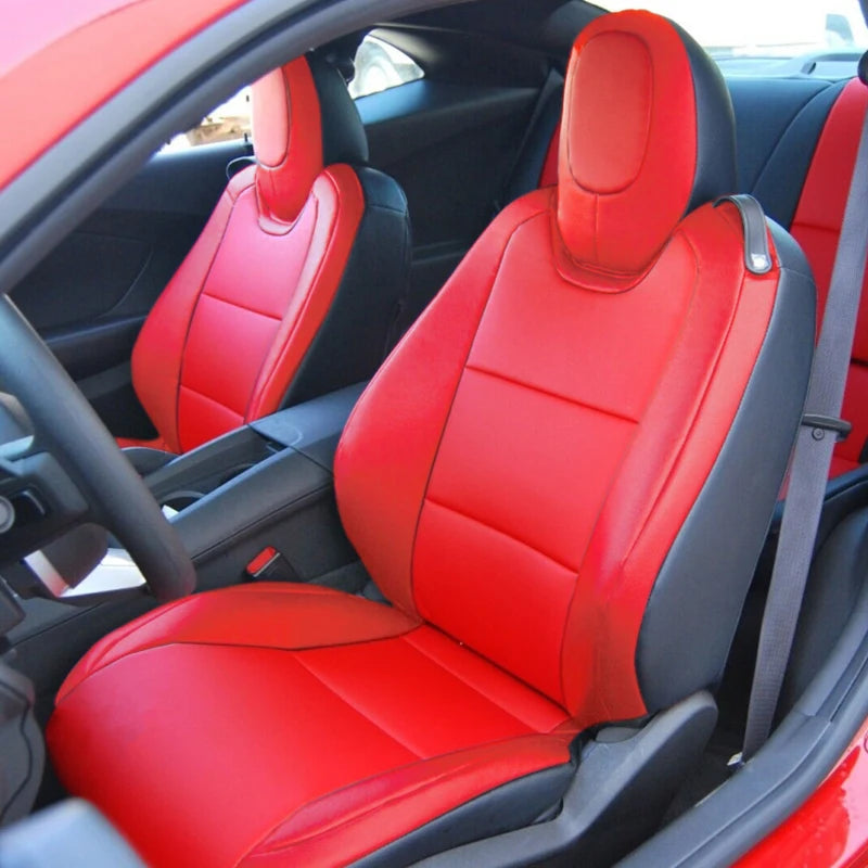 Custom fit Chevrolet Camaro 6th gen car seat covers made of premium artificial leather, designed for 2016-2024 models.