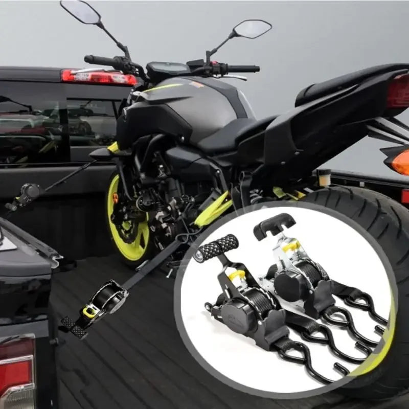 Gm Service Guy auto cargo straps with retractable belts and ratchet tensioner for motorcycles and vehicle load securing.