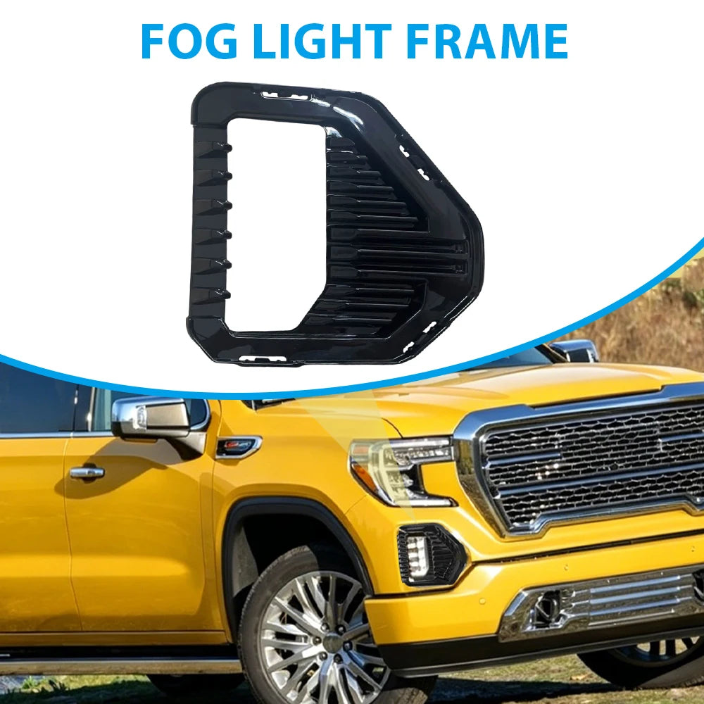 Gloss black fog light cover bezel for GMC Sierra 1500 front bumper, left or right side, 2019-2022, by Gm Service Guy.