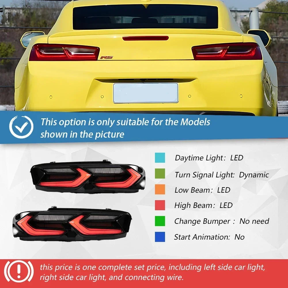 Chevrolet Camaro 2014-2020 rear LED taillights assembly with highlight blink turn signals, installed on car in image