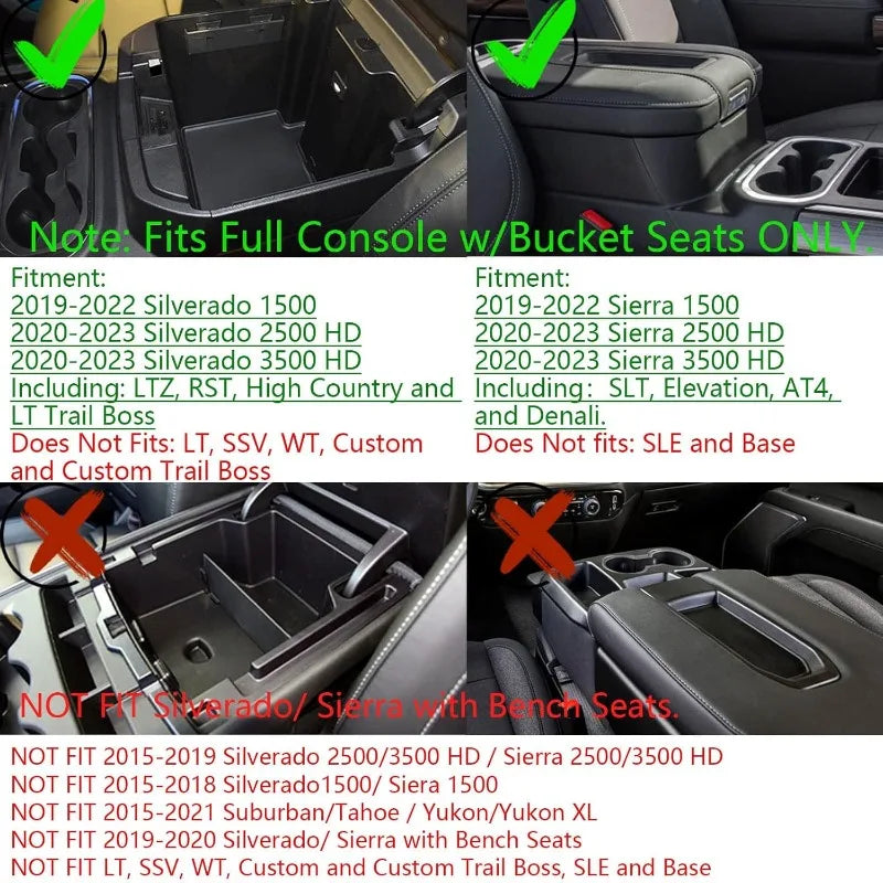 Full size center console organizer tray for Chevy Silverado and GMC Sierra 1500, compatible with 2019-2023 models, by Gm Service Guy.