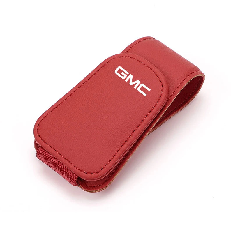 GMC vehicle car sunglass holder accessory with GMC logo for Terrain, Sierra, Yukon, Acadia, Hummer, and Jimmy models.