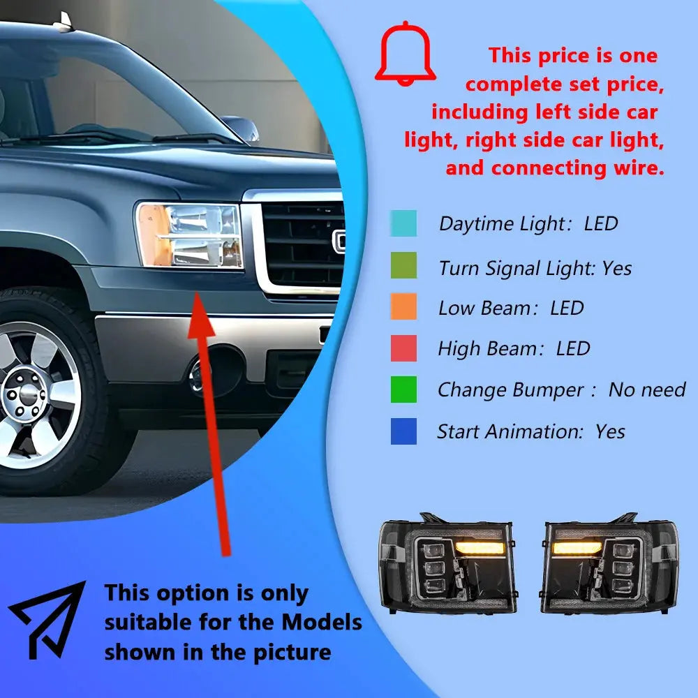 GMC Sierra 2007-2013 LED front headlight assembly with dynamic triple lens, high-quality upgrade by Gm Service Guy