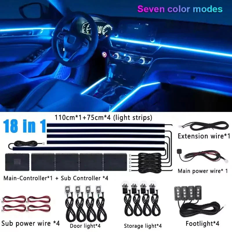 Universal 18-in-1 RGB Car Ambient Light Kit - Full Color App-Controlled Neon Strips Econic Blanks