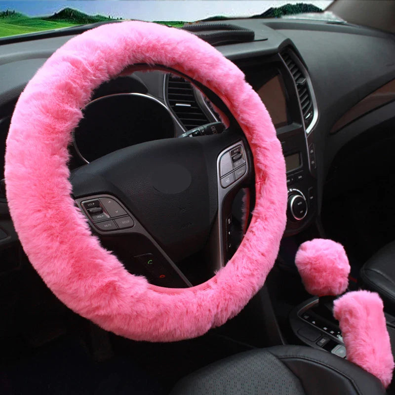 3-Piece Winter Rabbit Plush Car Steering Wheel Cover Set — Handbrake & Gear Lever Sleeves, Soft Fur Auto Interior Accessories FanzyMarket