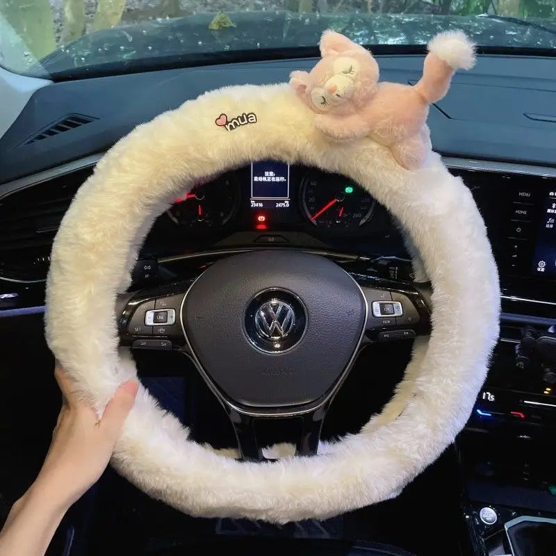 Cute Cartoon Fur Steering Wheel Cover Winter Warm Car Handle Cover for Women FanzyMarket