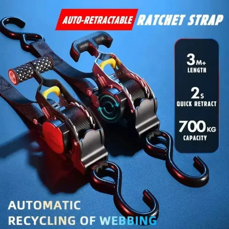 Gm Service Guy auto cargo straps with ratchet tensioner and retractable belts for motorcycle and car load securing.