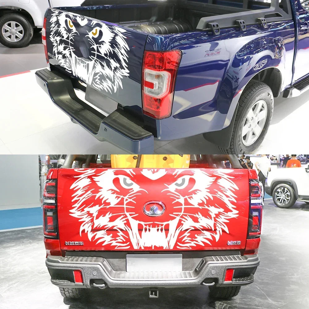 Tiger tailgate graphic decal for pickup trucks, featuring bold tiger design, fits Ford F-150, Toyota Hilux, Silverado, RAM, Isuzu D-Max.