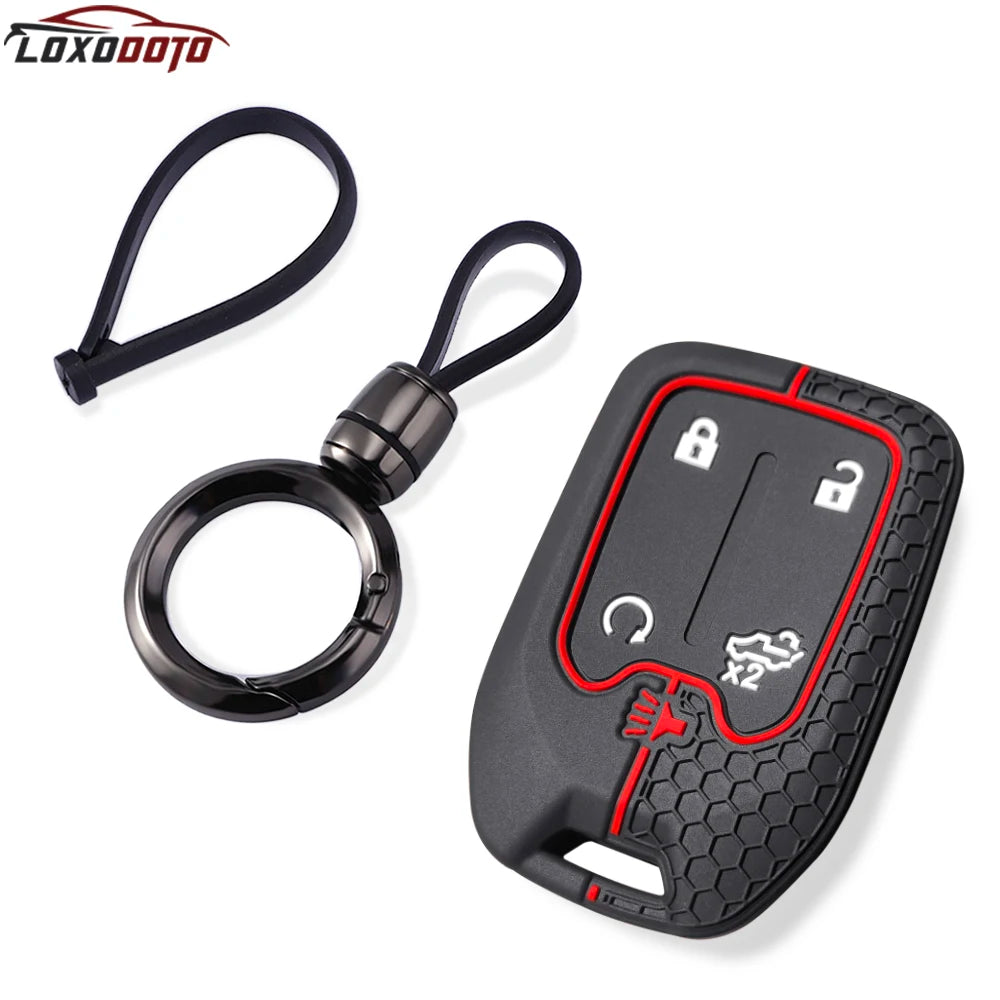Gray silicone car key fob cover for Chevrolet Silverado, Suburban, GMC Sierra, Acadia, Tahoe, and Terrain, 2020-2022.