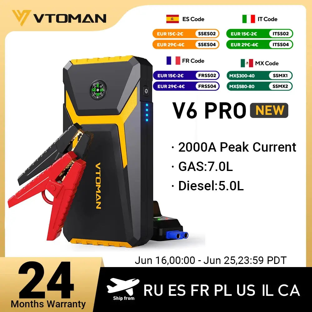 VTOMAN V6 Pro Car Jump Starter Power Bank 2000A Car Battery Charger Auto Emergency Booster Starting Device Jump Starter Gm Service Guy
