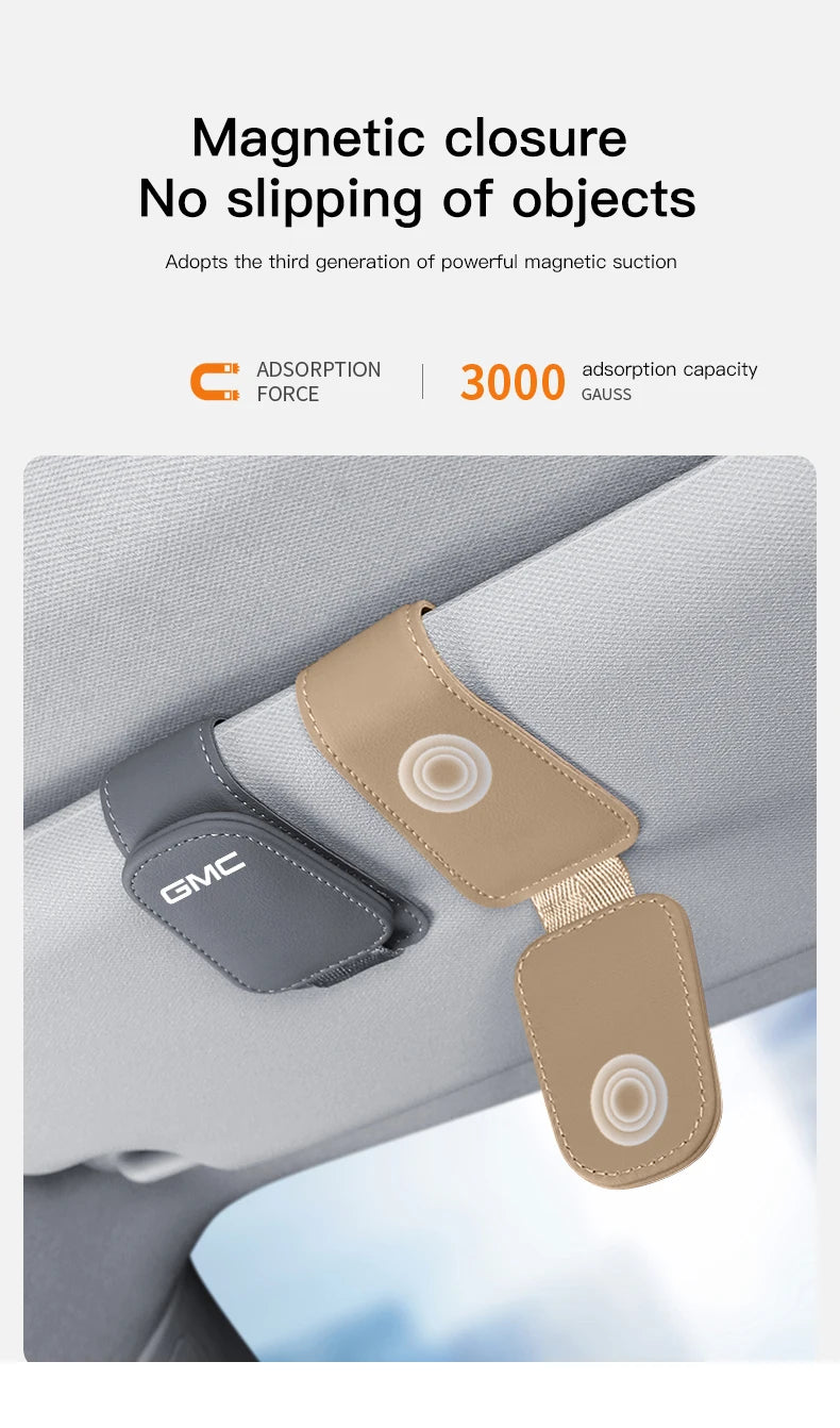 GMC car sunglasses holder for Terrain, Sierra, Yukon, Acadia, Hummer, and Jimmy trucks, mounted on vehicle interior accessories.