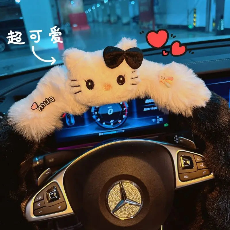 Kawaii Cat Plush Steering Wheel Cover – Winter Warm Soft Car Wheel Cover, Cute Interior Accessory FanzyMarket
