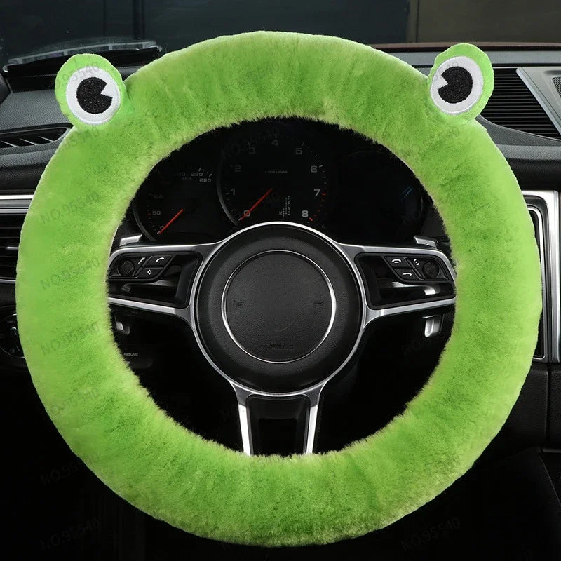 Plush Wool Steering Wheel Cover, Cartoon Frog Short Fur Car Wheel Protector, Fits 35–42 cm (13.8–16.5 in) FanzyMarket