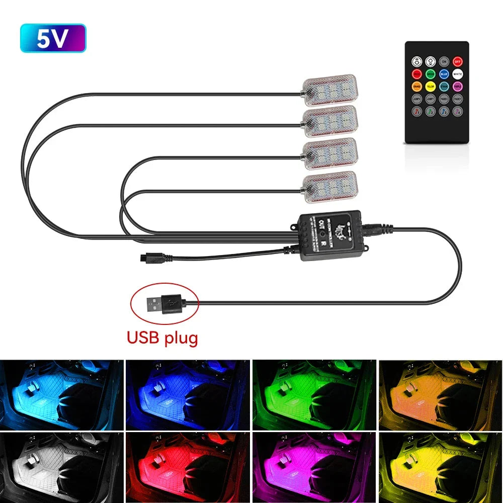 LED Car Interior Ambient Lights Kit - RGB Foot Strip Lighting with Remote & App Music Control Econic Blanks