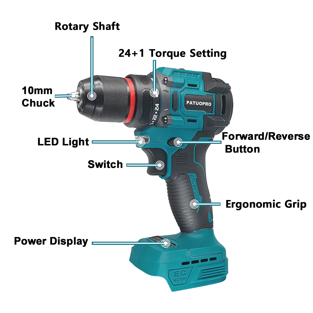 Brushless Cordless Drill 2-Speed - 3/8 in (0.8–10 mm) Keyless Chuck - 21+1 Torque - Compatible with 18V Slide Batteries (Battery Not Included) FanzyMarket
