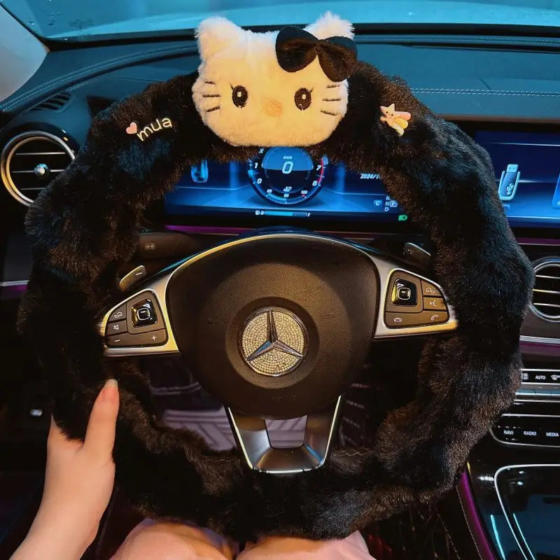 Kawaii Cat Plush Steering Wheel Cover – Winter Warm Soft Car Wheel Cover, Cute Interior Accessory FanzyMarket