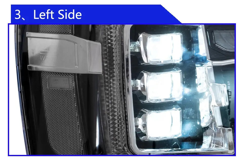 GMC Sierra 2007-2013 LED front headlight assembly by Gm Service Guy with dynamic triple lens for upgraded vehicle lighting.