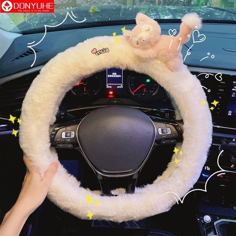 Cute Cartoon Fur Steering Wheel Cover Winter Warm Car Handle Cover for Women FanzyMarket