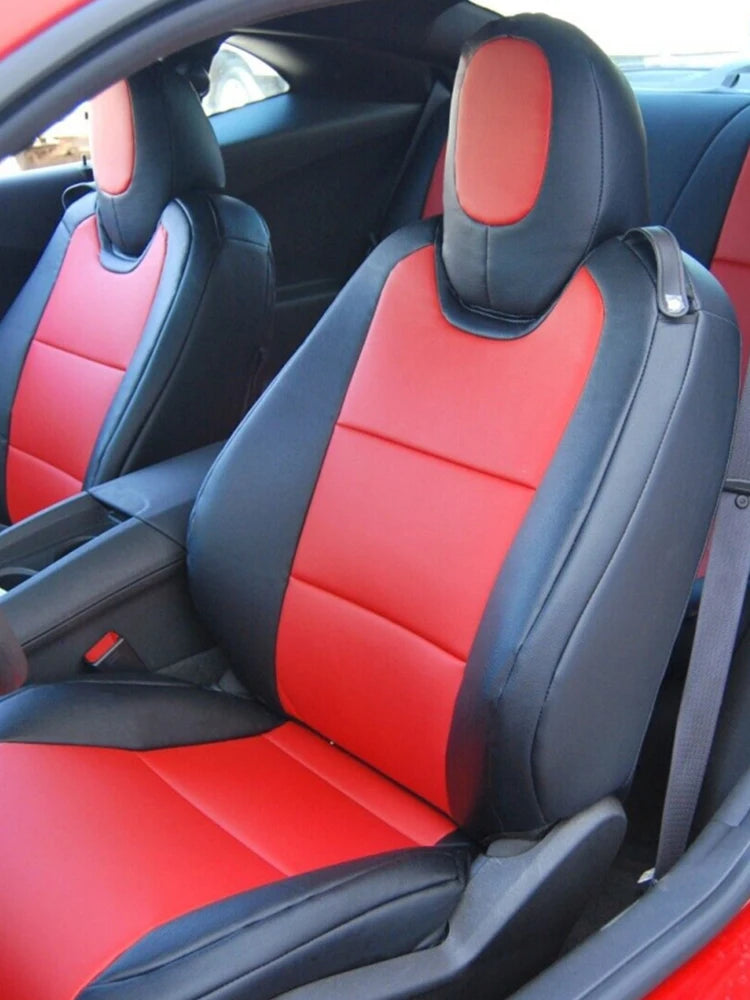 Set of custom-fit Chevrolet Camaro car seat covers in premium artificial leather, designed for 2016-2024 models.