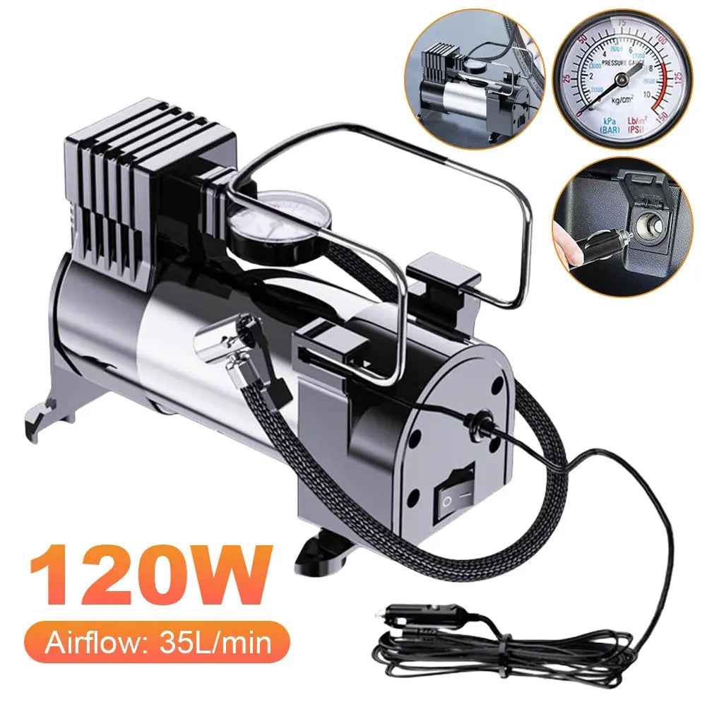 12V Portable Air Compressor with Pressure Gauge Car Tire Pump Cylinder Power System Mini Air Compressor Car Tire Inflatable Pump Gm Service Guy