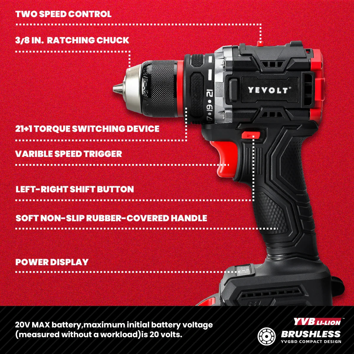 20V Brushless Cordless Drill Driver, Compact 21+1 Torque Keyless 3/8\" (0.8–10mm) Handheld Screwdriver with LED FanzyMarket