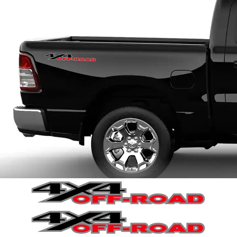 4x4 off-road graphic decal for Ford F-150, Silverado, Sierra, RAM, Dmax; 2-piece vinyl trunk sticker by Quality Prints USA.