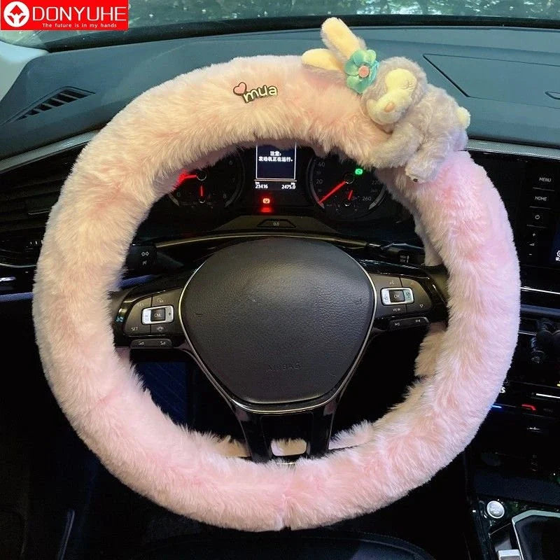 Cute Cartoon Fur Steering Wheel Cover Winter Warm Car Handle Cover for Women FanzyMarket