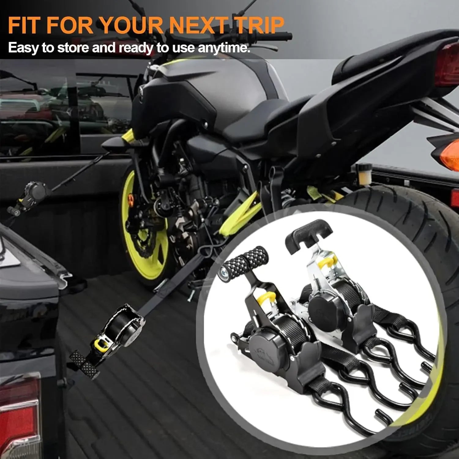 Heavy duty auto retractable ratchet strap with S hook for cargo lashing, suitable for trucks, motorcycles, and luggage.
