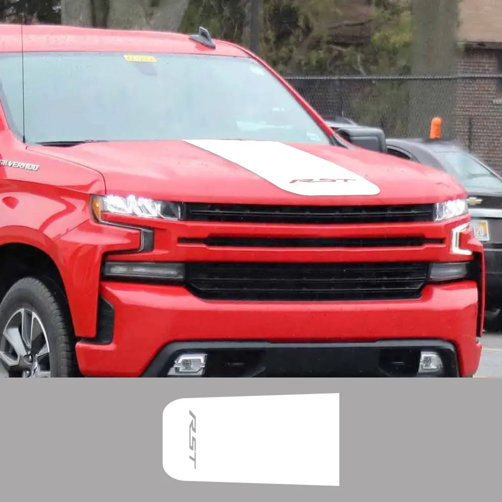 Chevrolet Silverado RST hood decal by Quality Prints USA, vinyl truck sticker with bold black and red design.
