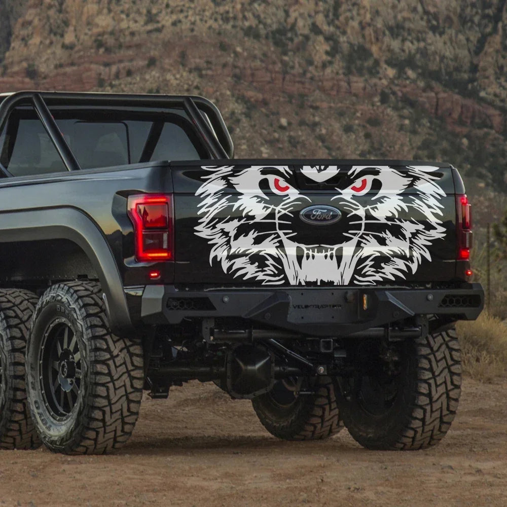 Tiger tailgate graphic decal for trucks, featuring a tiger design, compatible with Ford F-150, Toyota Hilux, Silverado, RAM, and more.