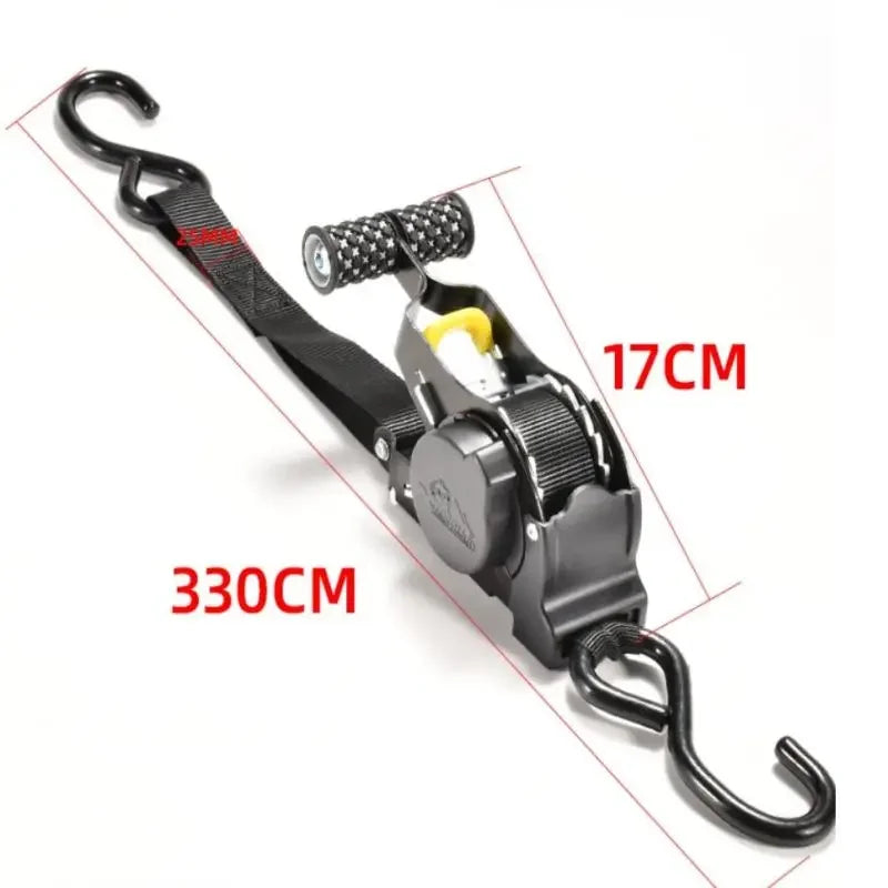 Gm Service Guy auto cargo straps with retractable tie-down belts and ratchet tensioners for motorcycle and vehicle load securing.